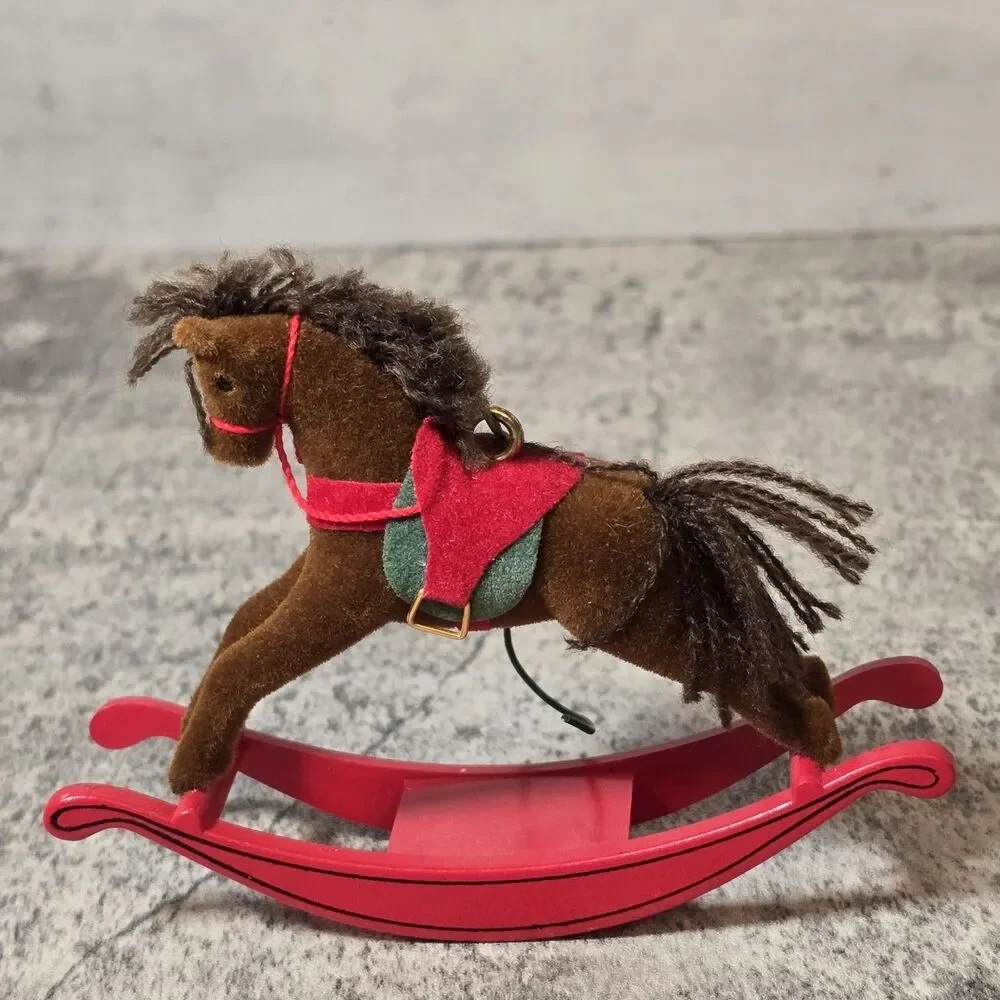 Vintage Flocked Dept 56 Red Rocking Brown Horse Yarn Hair Christmas Ornament